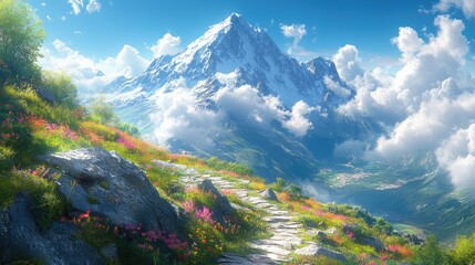 A scenic mountain landscape with vibrant flowers and clouds, inviting exploration and tranquility.