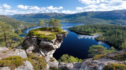 Rocky outcrop island in lake with mountains. Beautiful landscape view. Possible use Stock photo