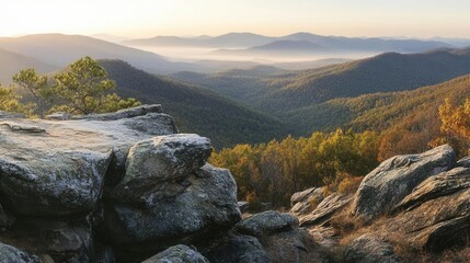 Outdoor Rock Table Top Surrounded by Mountain Landscape at Sunrise Showcasing Organic Beauty