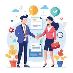 People shaking hands at work - Two businesspeople, man and woman doing handshake in office at work while smiling over business agreement and deal. Flat design stock illustration on white background