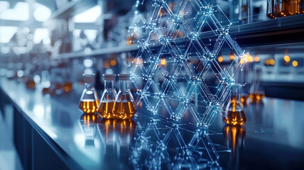 futuristic laboratory features digital hexagon molecule analysis with intricate patterns, surrounded by glass flasks filled with amber liquid, reflecting advanced scientific research