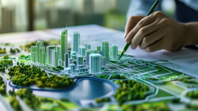 A serene shot of an architect sketching plans for a futuristic city district with smart technologies and green infrastructure, Futuristic city planning scene, Urban innovation style