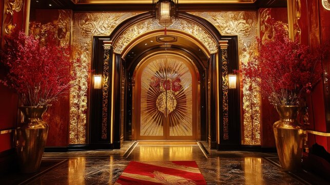 Opulent Gold and Red Interior of a Luxurious Entrance