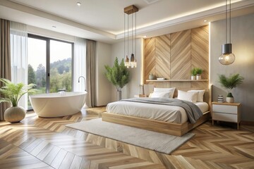 Minimalist haven: white, beige, herringbone floors, freestanding tub, bleached wood details.  Pure relaxation.