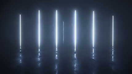 Glowing lines, dark room, reflective floor, abstract background, design