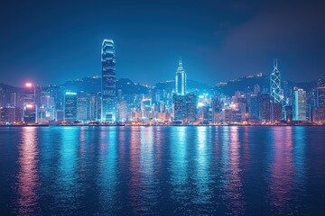 Fototapeta premium Dynamic cityscape at night featuring holographic blocks hong kong urban photography vibrant reflections aesthetic concept