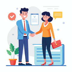 People shaking hands at work - Two businesspeople, man and woman doing handshake in office at work while smiling over business agreement and deal. Flat design stock illustration on white background