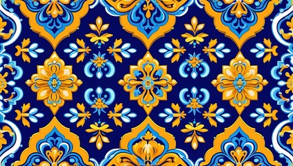Ornate Blue and Gold Floral Tile Pattern Design