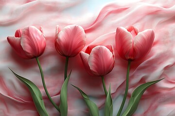 Fototapeta premium Four Pink Tulips with Flowing Pink Fabric in the Background