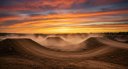 A rugged motocross dirt track with steep jumps and tight corners under a vibrant sunset sky.