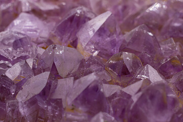 Close-up image of a deep purple amethyst geode cluster showcasing numerous sparkling purple...
