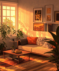 Illustration of a living room with a cozy aesthetic, sunset colors