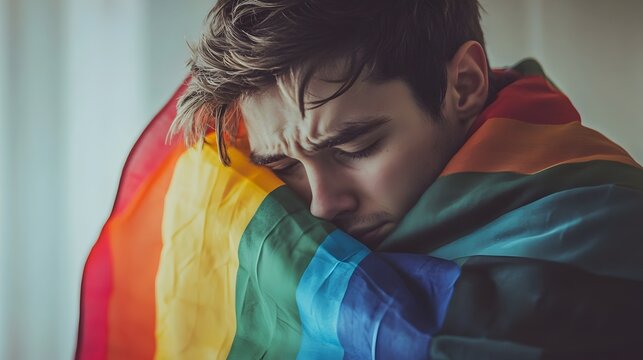 Proud Young Man Wrapped in LGBTQ+ Pride Flag, Celebrating Diversity and Self-Acceptance. A vibrant and powerful image symbolizing LGBTQ+ rights, love, - Powered by Adobe