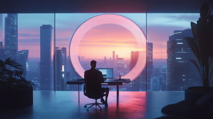 Fototapeta premium Business Professional in a Futuristic Cityscape with AI Interface