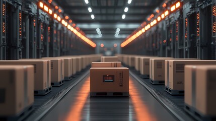 A warehouse filled with organized boxes on a conveyor belt, showcasing an efficient logistics and distribution system.