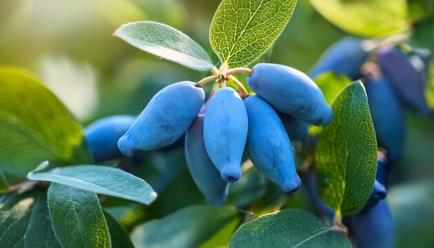 Ripe blue haskap berries hanging on branch