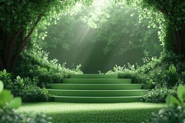 Fototapeta premium Serene Green Steps Leading into a Lush Forest