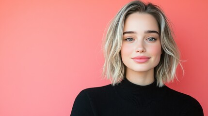 Fototapeta premium Smiling Young Woman with Blonde Bob Against Coral Background