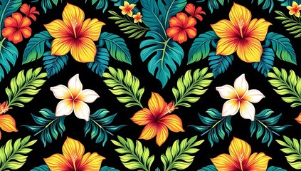 Vibrant Tropical Hibiscus Flowers and Lush Green Leaves Pattern