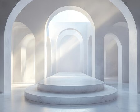 Floating white podium in a surreal all-white space, ethereal lighting 