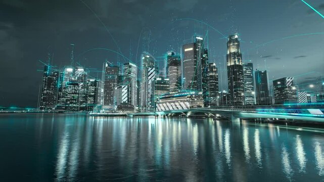 Smart digital city skyline concept. Communication network. Artificial Intelligence technology, 5g networks