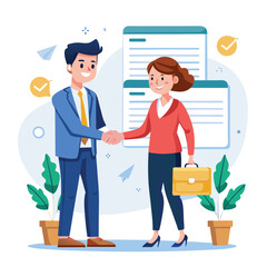 People shaking hands at work - Two businesspeople, man and woman doing handshake in office at work while smiling over business agreement and deal. Flat design stock illustration on white background