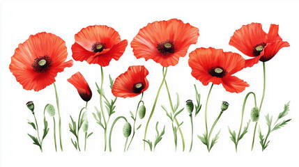 Fototapeta premium Vibrant red poppies illustration in watercolor style, isolated on a white background