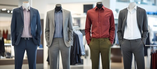 Men's formal attire, clothing store display, mannequins, suits, blazers, dress shirts, slacks, business casual, muted colors, retail environment, professional wardrobe, fashion merchandising.