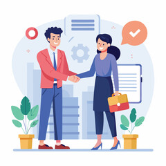 Obraz premium People shaking hands at work - Two businesspeople, man and woman doing handshake in office at work while smiling over business agreement and deal. Flat design stock illustration on white background