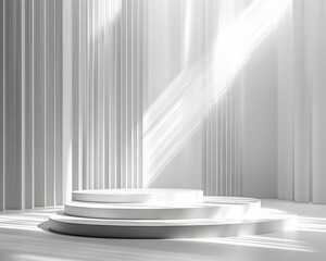 Obraz premium White podium surrounded by cascading light rays in a pure white room