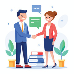 People shaking hands at work - Two businesspeople, man and woman doing handshake in office at work while smiling over business agreement and deal. Flat design stock illustration on white background