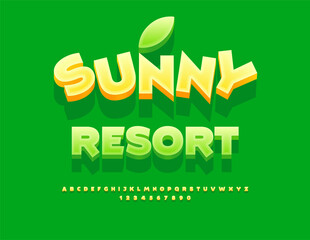 Vector Summer banner Sunny Resort. Fashion Yellow Font. Funny Isometric Alphabet Letters and Numbers set.