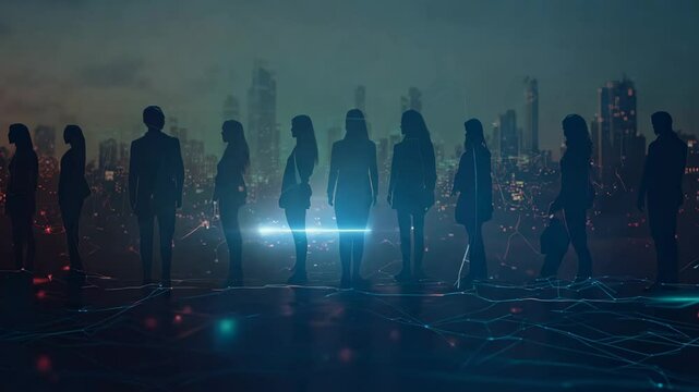 Digital Network of Business People in Futuristic City