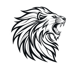 A high-contrast black and white vector illustration of a roaring lion's head,