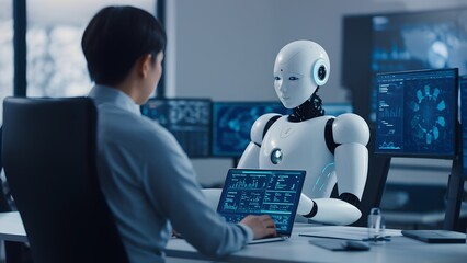 A person in a suit is analyzing data on a laptop while a robot observes from the side. Two computer screens display graphs and metrics indicating a focus on financial performance.