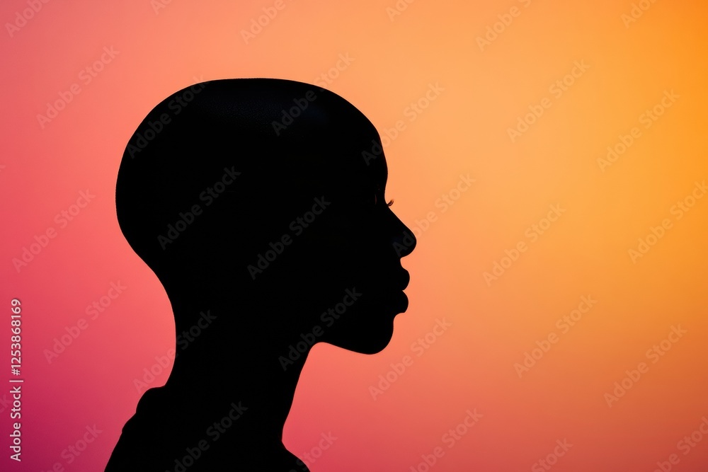 Poster Silhouette of a person displaying unique head shape against a vibrant gradient sunset background in a serene outdoor setting. Generative AI