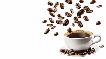 Obraz premium A cup of coffee with falling coffee beans against a clean white background creates a dynamic beverage image