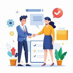 People shaking hands at work - Two businesspeople, man and woman doing handshake in office at work while smiling over business agreement and deal. Flat design stock illustration on white background