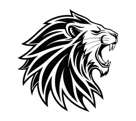 A high-contrast black and white vector illustration of a roaring lion's head,