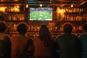Rear view of a group of friends watching american football on a TV screen in a bar