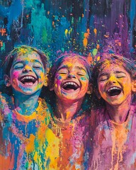 Obraz premium Children laughing in holi powders