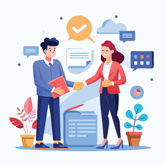 People shaking hands at work - Two businesspeople, man and woman doing handshake in office at work while smiling over business agreement and deal. Flat design stock illustration on white background