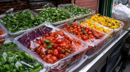 Obraz premium Fresh produce in plastic containers at a market stall