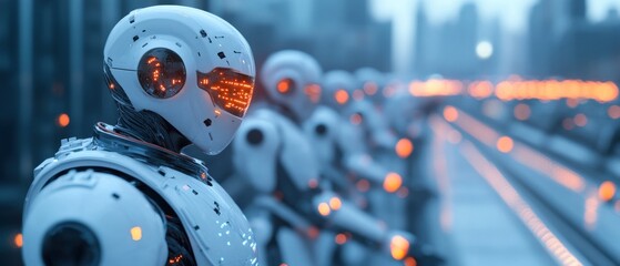 Line of futuristic robots in a city.