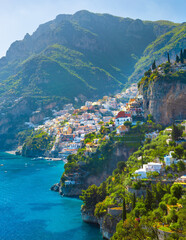 Morning view of Positano cityscape on coast line of mediterranean sea, Italy
