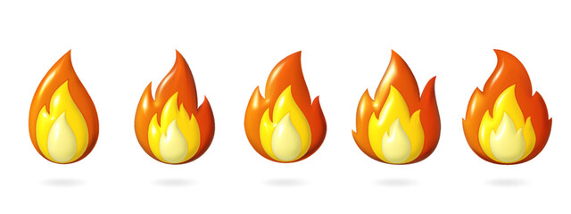Fire emoji set. 3d hot flame, heat or smoke render glossy isolated on white background element, gas energy sparkle. Red temperature burn shape. Flammable campfire silhouette, vector emoticon