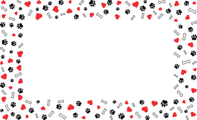 Rectangular frame with pet paw prints and bone and red heart with blank space for text. Black silhouette track of dog or cat paw prints Pet paw prints frame for decorating shop windows, Vector © Sviatlana