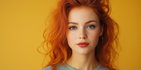 Fototapeta premium Captivating portrait of a young woman with red hair studio setting photography bright yellow background close-up view beauty and style