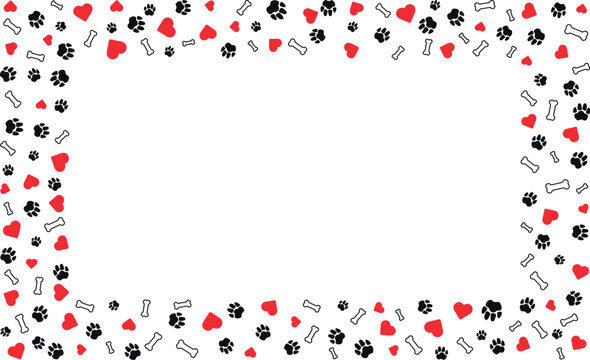 Rectangular frame with pet paw prints and bone and red heart with blank space for text. Black silhouette track of dog or cat paw prints Pet paw prints frame for decorating shop windows, Vector