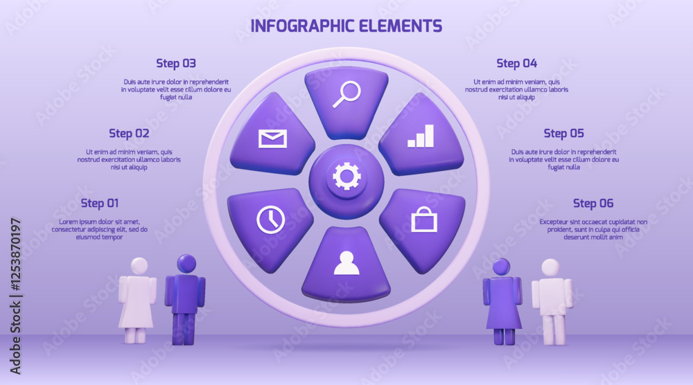 Poster 3D chart. Data analytic presentation. Circle graph with woman and man. Process steps. Pie segment diagram. Box wheel with people. Creative circular design. Vector business infochart